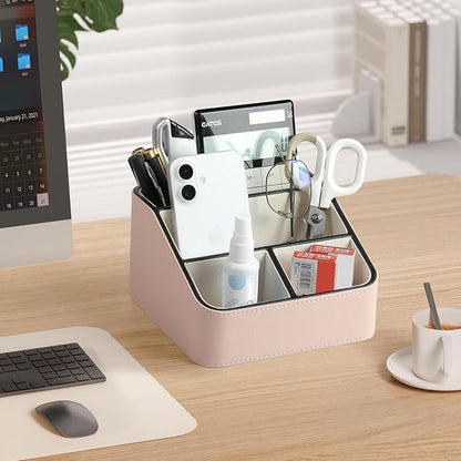 MEIBOOCH Remote Control Holder, PU Leather Small Desk Organizer with 4 Compartments, Nightstand Organizer Desk Caddy for Remote, Notepad, Phone, Glasses, and Accessories (Pink)