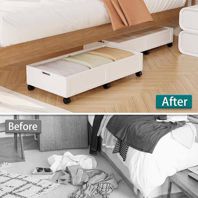 Wood Under Bed Storage Containers Underbed Organizer with Wheels with Large Capacity Dust Bag,Sturdy Wood Rolling Under Bed Shoe Storage Organizer 2 Packs (Walnut, Tall) (White, Large)