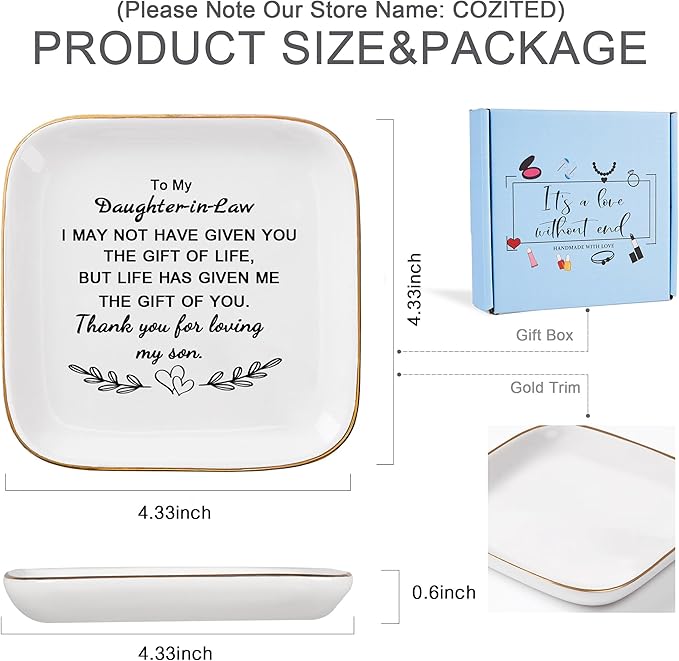 COZITED Daughter in Law Gifts from Mother in Law - Jewelry Dish Tay for Daughter in Law Birthday Christmas Valentines Mother's Day Wedding Gift for Daughter in Law - Thank You for Loving My Son
