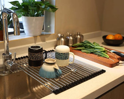 Ahyuan Roll up Dish Drying Rack Over The Sink Kitchen Roll up Sink Drying Rack Stainless Still Portable Drainer Foldable Dish Rack (Black, 17.8''X13.5'')