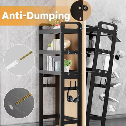 Over The Toilet Storage Shelf, 3 Tiers Space Saver Bathroom Organizer Shelves with Toilet Paper Holder and Hooks, Freestanding Toilet Rack for Washroom Balcony, Black