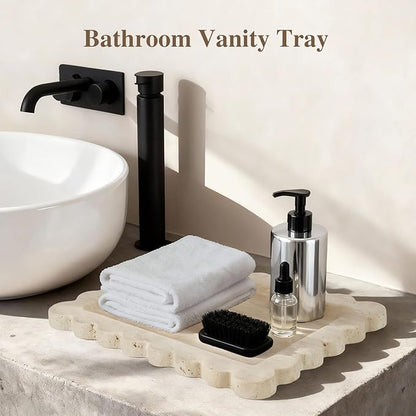 Luxury Beige Travertine Tray with Scalloped Edge, 11"x8" Rectangle Vanity Tray for Bathroom & Kitchen Counter, Decorative Organizer Tray for Dresser, Coffee Table, Home Décor
