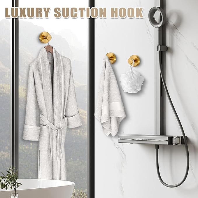 Fenas Suction Cup Hooks for Shower No-Drill Bathroom Hooks for Towels, Robes, Loofah Mountable on Bathroom Walls, Kitchen, Glass, Mirrors, Tile and Smooth,Non-Porous Surfaces (2 Pack, Brushed Gold)