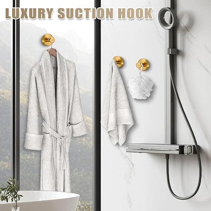 Fenas Suction Cup Hooks for Shower No-Drill Bathroom Hooks for Towels, Robes, Loofah Mountable on Bathroom Walls, Kitchen, Glass, Mirrors, Tile and Smooth,Non-Porous Surfaces (2 Pack, Brushed Gold)