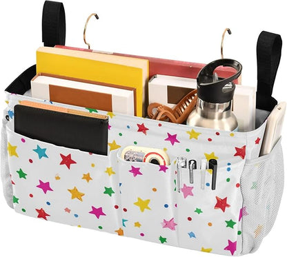 CuwrYet Bedside Caddy Hanging Bunk Bed Caddy Bed Organizer Hanging Pocket with 2 Hooks Bedside Storage Organizer Pocket Bag Holder Small Colorful Stars and Dots