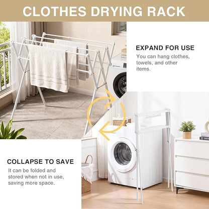 Collapsible Expandable Metal Clothes Drying Rack, Foldable & Portable Laundry Drying Rack, Space-Saving Design, Indoor & Outdoor Drying, Ideal for Laundry Room 16lb Capacity, Frosted White