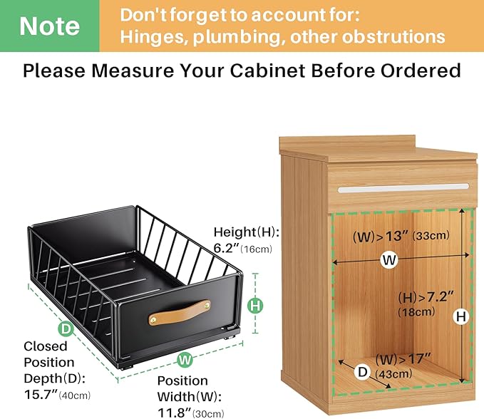 Pull out Cabinet Organizer Fixed with Adhesive Nano Film,Heavy Duty Slide out Pantry Shelves Drawer Storage,Sliding Mesh Cabinet Basket with Handle for Kitchen, Bathroom,Home, 11.8"W X15.7"D X6.2"H
