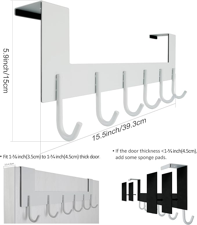 WEBI Over The Door Hook for Hanging Door Hanger,Over Door Towel Rack,Door Coat Rack for Towels,Clothes,Behind Back of Bathroom,White