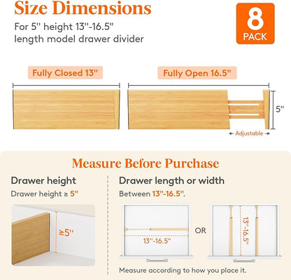 Lifewit 8 Pack 5" Deep Bamboo Drawer Dividers, 13-16.5" Expandable Drawer Organizers for Clothes, Adjustable Dresser Drawer Divider, Clothing Drawer Separators for Dresser, Bedroom, Bathroom, Kitchen