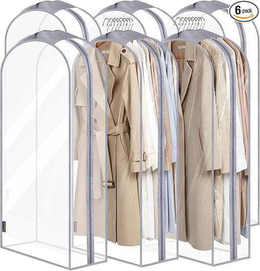 BALEINE 50'' Clear Garment Bags for Hanging Clothes, 10.5'' Wide PEVA Suit Bag for Closet Clothes Dresses Coat (Clear, 6PK)