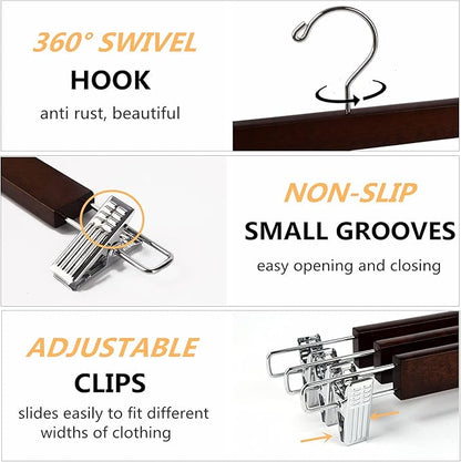 Amber Home 10 Pack 14.17" Solid Walnut Wooden Pant Skirt Hangers, Bottom Hangers for Slacks Trousers Jeans with 2-Adjustable Anti-Rust Clips (Walnut, 10 Pack)