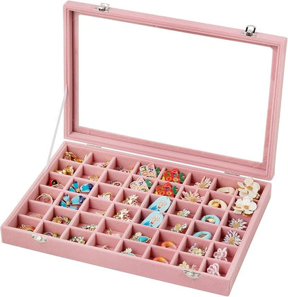 Frebeauty 48 Grid Jewelry Tray,Adjustable Earring Holder Organizer with Glass Lid,Velvet Drawer Jewelry Organizer for Rings,Studs,13.8 x 9.5 x 2 Inches Jewelry Display Box,Gift for Women(Pink)