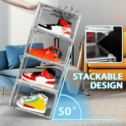 DAYOOH Size 14 Acrylic Sneaker Shoe Display Case, Transparent Shoe Box Storage Bins Clear Plastic Stackable Boot Handbag Organizer Containers with Lids for Shoes, Figure, Collectible, Purse, 1Pack