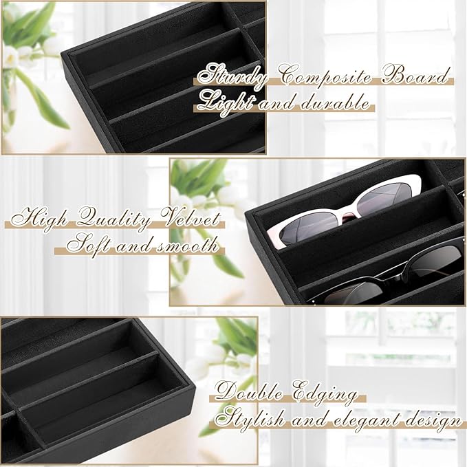 Amylove 2 Pcs Sunglass Organizer Trays Glasses Stackable Jewelry Trays Sunglass Organizer Display Box (18 Grids,Black)