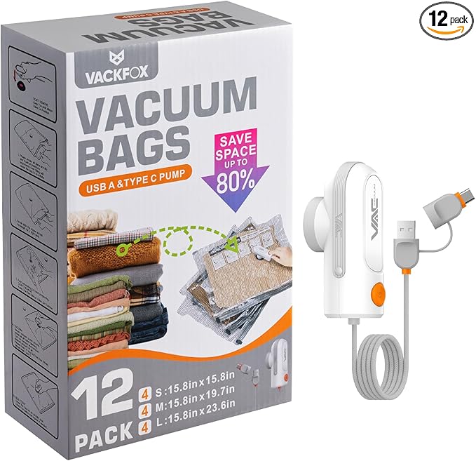 VACKFOX Vacuum Bags for Travel with USB and TYPE C Pump, 12 Pack Carry-on Size Compression Packing Bags for Luggage and Suitcase, Space Saver for Clothes and Clothing Travel（Grey）