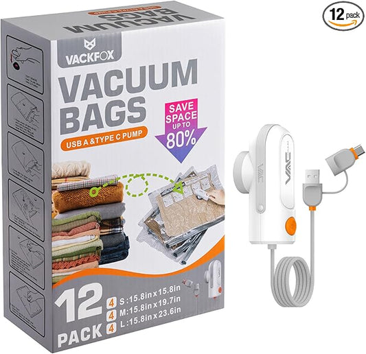 VACKFOX Vacuum Bags for Travel with USB and TYPE C Pump, 12 Pack Carry-on Size Compression Packing Bags for Luggage and Suitcase, Space Saver for Clothes and Clothing Travel（Grey）