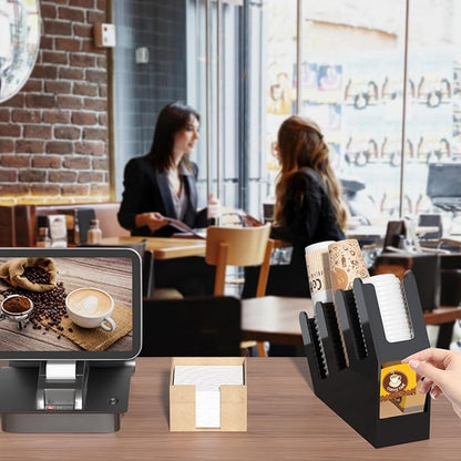 WINFFOR 3-Compartment Disposable Cup Holder - Cup and Lid Holder with Straw Organizer Black Acrylic Cup Dispenser with Coffee Pod Storage for Coffee Station Bar Countertop Restaurant Breakroom