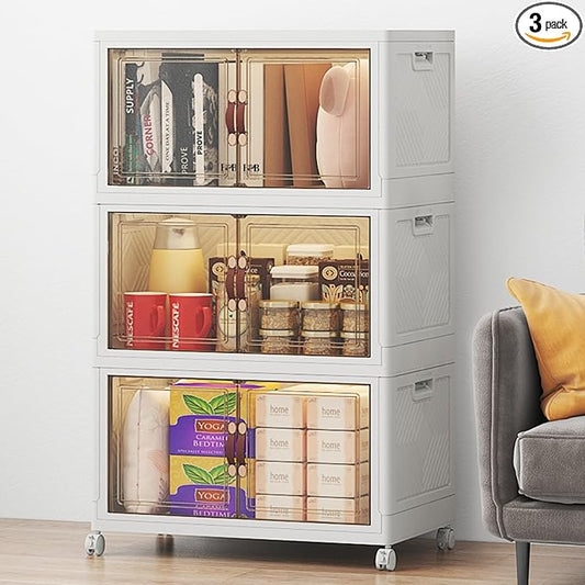Extra Large Stackable Storage Bins, 48QT*3 Tier Storage Bins with Lids, Folding Storage box with Doors and Wheels, Collapsible Plastic Drawers for Home, Garage, Office (3, White, Medium)