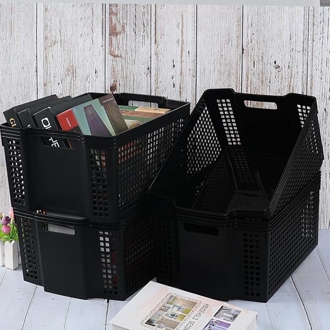 6-Pack Black Plastic Storage Baskets, Large Stackable Organizer Basket