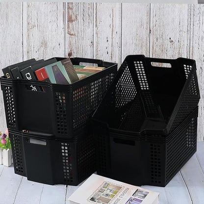 6-Pack Black Plastic Storage Baskets, Large Stackable Organizer Basket