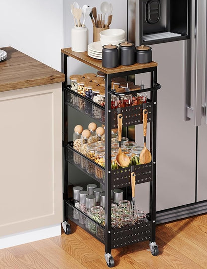 Utility Slim Storage Cart, 4-Tier Narrow Bathroom Organizer and Storage Cart, Metal Narrow Kitchen Laundry Room Organization Rack with Wood Top, Slim Rolling Shelf with Wheels for Small Space