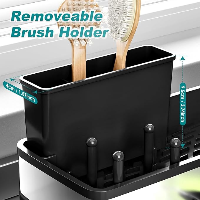 Sink Caddy Organizer with High Brush Holder Kitchen Sponge Holder for Sink with Quick Drain Tray & Detachable Towel Rack, Rustproof Kitchen Countertop Organizer for Sponge Soap Dispenser (Black)