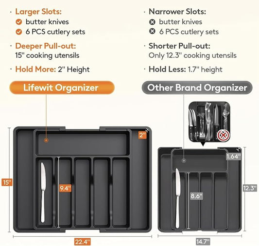 Vallary Expandable Silverware Drawer Organizer – Large BPA-Free Utensil Tray for Kitchen | Adjustable Cutlery Holder for Spoons, Forks, Knives | Plastic Flatware Storage, Black