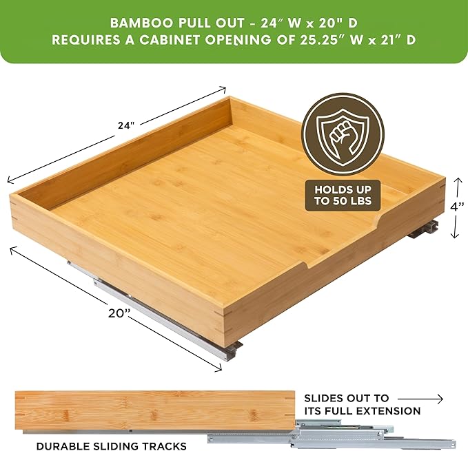 HOLD N’ STORAGE Heavy-Duty Premium Collection Pull Out Cabinet Organizer - Wooden Cabinet Drawer Slide Outs (Wood, 24 Inch)