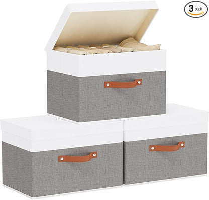 Storage Bins, Storage Baskets with Lids, 17.7 x 11.8 x 11.8 Inch Closet Organizer Boxes with Double Handles, White and Grey, 3-Pack