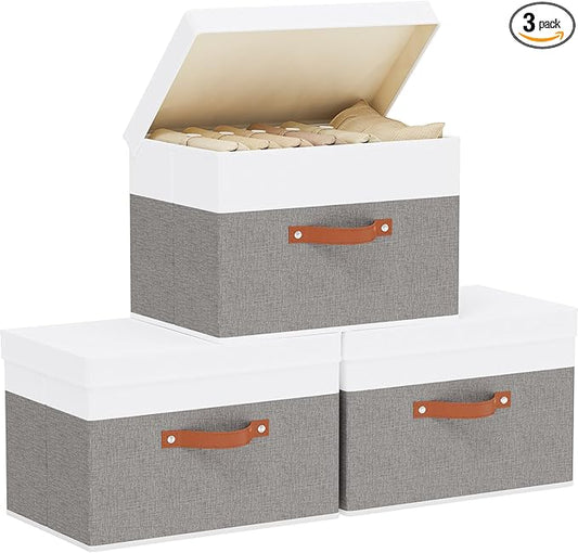 Storage Bins, Storage Baskets with Lids, 17.7 x 11.8 x 11.8 Inch Closet Organizer Boxes with Double Handles, White and Grey, 3-Pack
