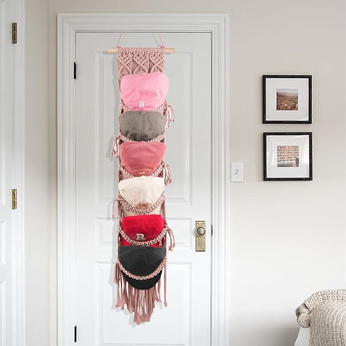 KaloKalo Macrame Cap Holder Boho Hat Hangers Over Door Decorative Bohemian Handmade Ball Cap Rack Organizer Woven Wall Hanging for Baseball Cap Display Decorations (Rose Pink, Up to 12 Caps)