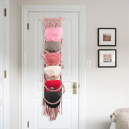 KaloKalo Macrame Cap Holder Boho Hat Hangers Over Door Decorative Bohemian Handmade Ball Cap Rack Organizer Woven Wall Hanging for Baseball Cap Display Decorations (Rose Pink, Up to 12 Caps)