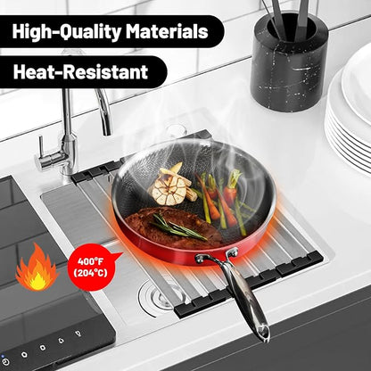 TIKNIK 17.5" X 13" Roll Up Dish Drying Rack, 304 Stainless Steel Over Sink Dish Drying Rack, Foldable Heat-Resistant Dishes Drainer for Kitchen and RV Sink Counter, Black