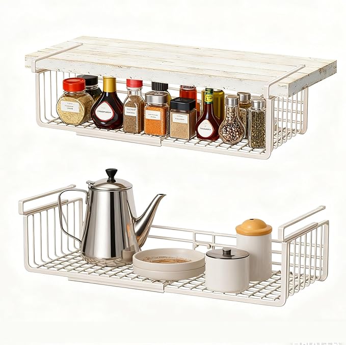 2 Pack Under Shelf Storage Basket, Extendable Under Cabinet Organizer, Pantry Organizers and Storage Hanging Rack for Kitchen Laundry Room Desk Counter Bookshelf