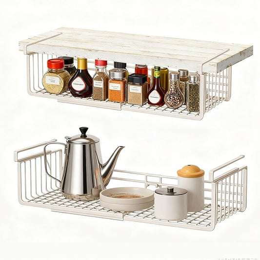 2 Pack Under Shelf Storage Basket, Extendable Under Cabinet Organizer, Pantry Organizers and Storage Hanging Rack for Kitchen Laundry Room Desk Counter Bookshelf