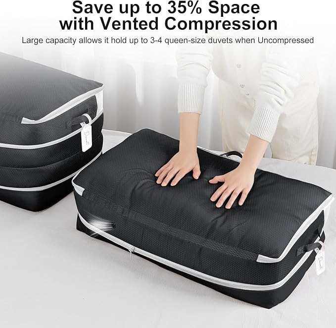 Easortm Comforter Storage Bag - Large Capacity Bedding Storage Bags Ultra Space Saving Self Compression Organizer, Washable Compression Bags for Storage Comforter Blanket Duvet Pillow, 2-Pack, Black