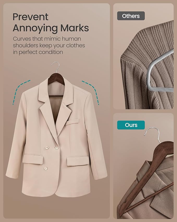 SONGMICS Wooden Hangers, Pack of 30, Coat Hangers, Pants Bar, 360° Swivel Hooks, Solid Birch Wood, Space Saving, for Jackets, Shirts, Coats, Walnut Brown UCRW030K02