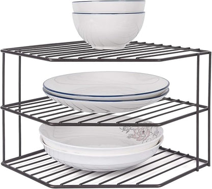 3-Tier Corner Shelf Counter and Cabinet Organizer - Steel Metal Wire - Rust Resistant - Plates, Dishes, Cabinet & Pantry Organizer - Kitchen Organization (10 x 7.5 Inch)(Black)