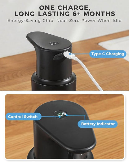 DODO MEKIA Automatic Foaming Soap Dispenser Touchless, 304 Stainless Steel Bottle Body & 16.2oz/480ml,USB Rechargeable, 3 Adjustable Liquid Levels, IPX7 Waterproof, for Kitchen Bathroom, Black