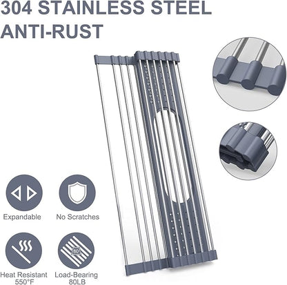 LEMIKKLE 20" x 15.2" Roll Up Dish Drying Rack Over The Sink Dish Drying Rack,Multi-Purpose Kitchen Rolling Dish Drainer Foldable SUS304 Stainless Steel Dish Drying Rack