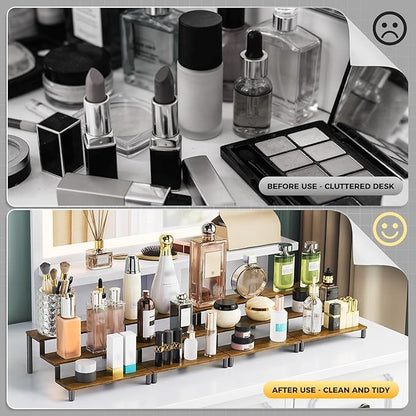4 PCS Wooden Display Riser Stand, 3-Tier Perfume Organizer Stand, Spice Rack Organizer, Figure Stand, Coffee Syrup Rack Organizer, Home Bar Display