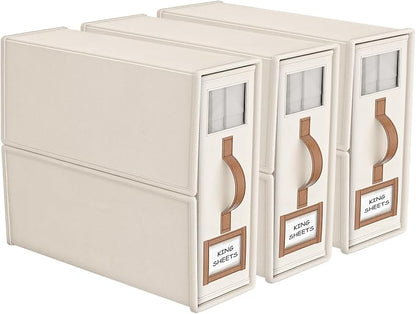 3 Pack Foldable Bed Sheets Set Organizers and Storage(King & Queen Size),Linen Fabric Closet Organizers with Window,Folding Bedding Storage Box for Bedsheets and Pillow Cube Organizer-Beige