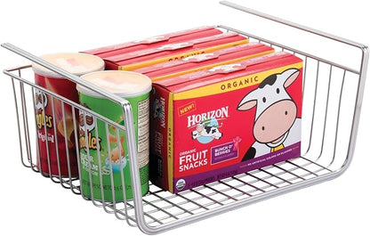 mDesign Metal Under Shelf Basket for Kitchen Storage - Wire Farmhouse Sliding Bin Basket for Pantry - Large Open Front Organizer for Food, Drinks, Snacks - Hyde Collection, 2 Pack - Chrome