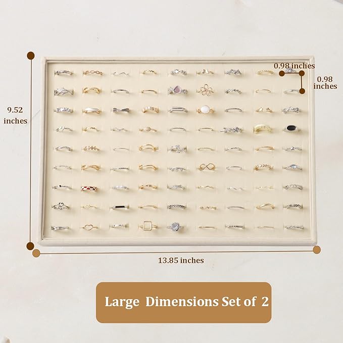 KATISYIO Large Velvet Jewelry Tray 2 Pack Stackable Jewelry Display Drawer Inserts Trays Organizer for Earring Bracelet Necklace Ring (Beige, Ring 81 Slots)