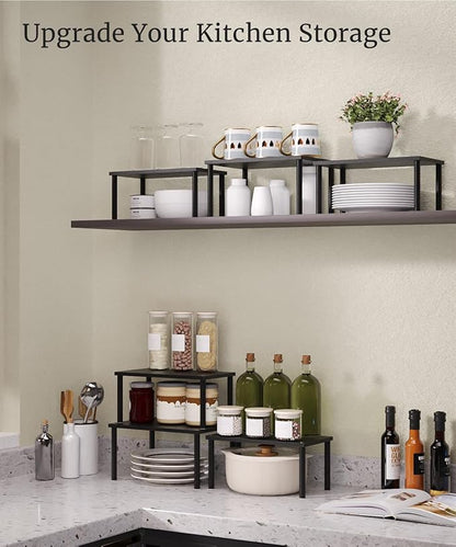 Cabinet Organizer Shelf(Set of 3),Bamboo Kitchen Counter Shelves for Countertop and Cabinet,Stackable Shelf Spice Racks,Medium (Black)