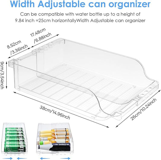 2 Pack Clear Width Adjustable Soda Can Organizer for Refrigerator Expandable Soda Cans Dispenser for Beer Seltzer Pop Can Drink Organizer for Fridge Kitchen Pantry