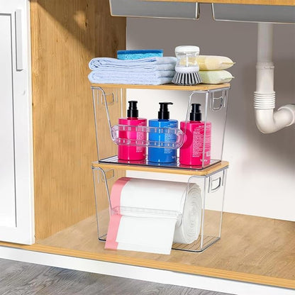Wetheny 2-Pack Trash Bag Holder, Clear Acrylic Trash Bag Dispenser with Bamboo Lid, Extra-Large Garbage Bag Dispenser Holder Under-Sink Organizer for Kitchen, Cabinet, Pantry & Laundry Room