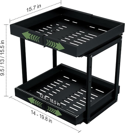 2 Tier Pull Out Cabinet Organizer ,Adjustable Width & Height,Expandable Pull-Out Drawers For Cabinets, Slide Out Shelves for Kitchen Cabinets / Countertop / Pantry,Heavy-Duty & Easy to Install(Black)