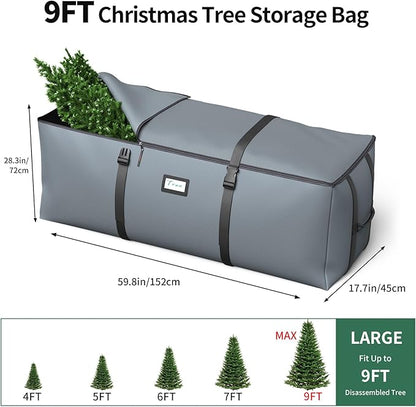 Christmas Tree Storage Bag, Fits Up to 9 Ft Artificial Christmas Tree with Buckle Straps & Dual Zippers & Handles, 600D PVC Durable Waterproof Material Protects from Dust (Grey)
