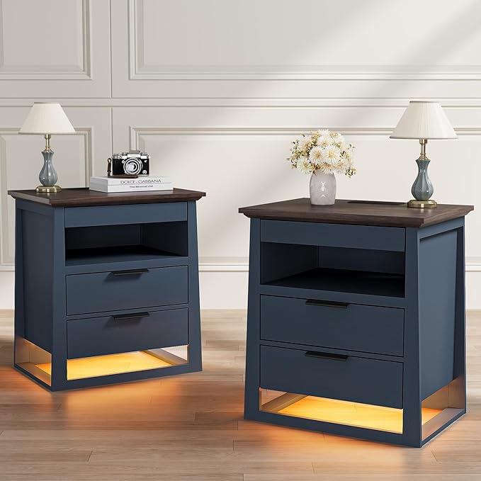 Rresyet 3 Drawer Nightstand with Charging Station & LED Lights & Open Shelf, Modern Night Stand with Storage, Wooden Bedside Table for Bedroom Room, Office (Blue)